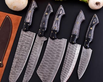 Handmade Damascus Steel Chef Knife Set: Black Pakka Wood Handle, High Carbon, 5-Piece