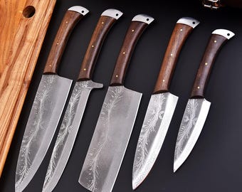 Handmade Stainless steel Damascus Pattern Chef Knife Set Rosewood Handle with Leather Roll