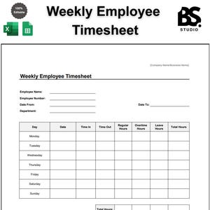 Könnte beinhalten: Ein weißes wöchentliches Mitarbeiter-Stundenzettel mit schwarzer Überschrift. Das Dokument enthält Felder für Mitarbeiterinformationen, Datum und ein detailliertes Stundenzettelraster zur Erfassung der Arbeitsstunden. Oben rechts steht "BS STUDIO".