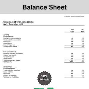 Balance Sheet Template | Excel & Google Sheets | Small Business Financial Report and Bookkeeping Tool