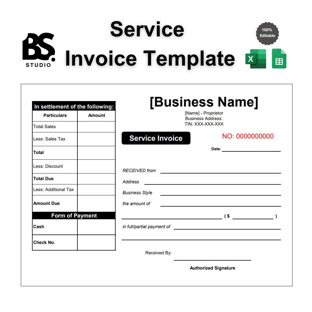 Service Invoice, Invoice Template, Excel and Google Sheets, A4 and ...
