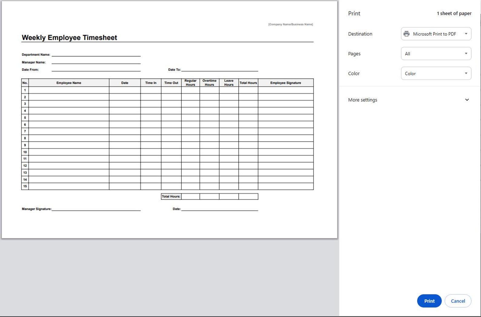 Employee Timesheet Template: Excel & Google Sheets (A4 Digital Download ...