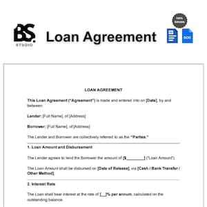 May include: A white document titled "Loan Agreement" with the "BS. STUDIO" logo in the upper left. The document includes sections for Lender, Borrower, Loan Amount, and Interest Rate. Icons for Word and DOC files are in the upper right corner.
