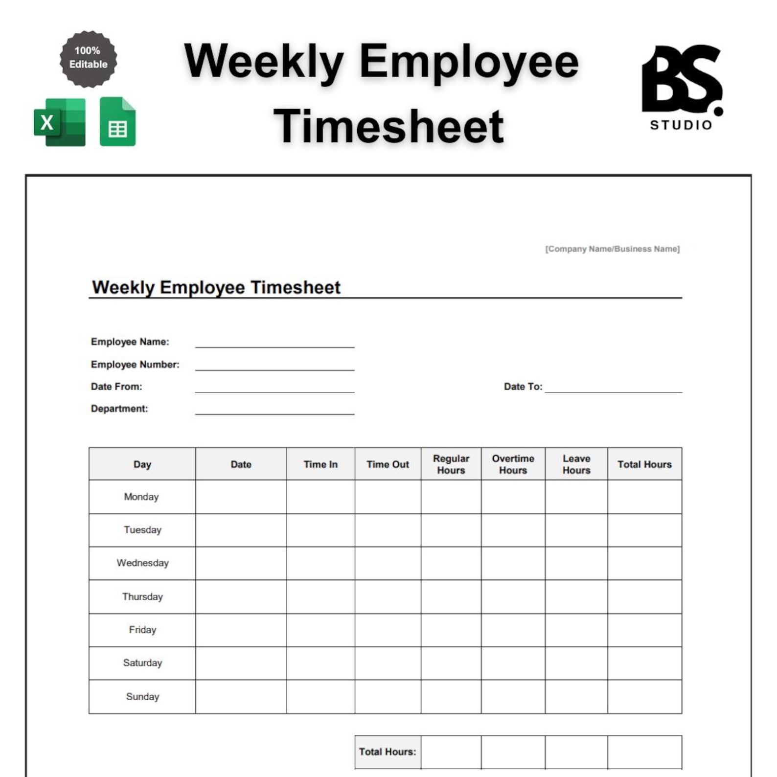 Employee Timesheet Template: Weekly Work Hours Log (excel & Google ...