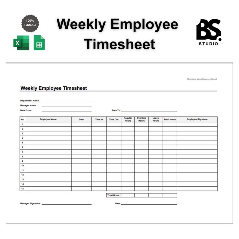 Employee Timesheet Template: Excel & Google Sheets (A4 Digital Download ...