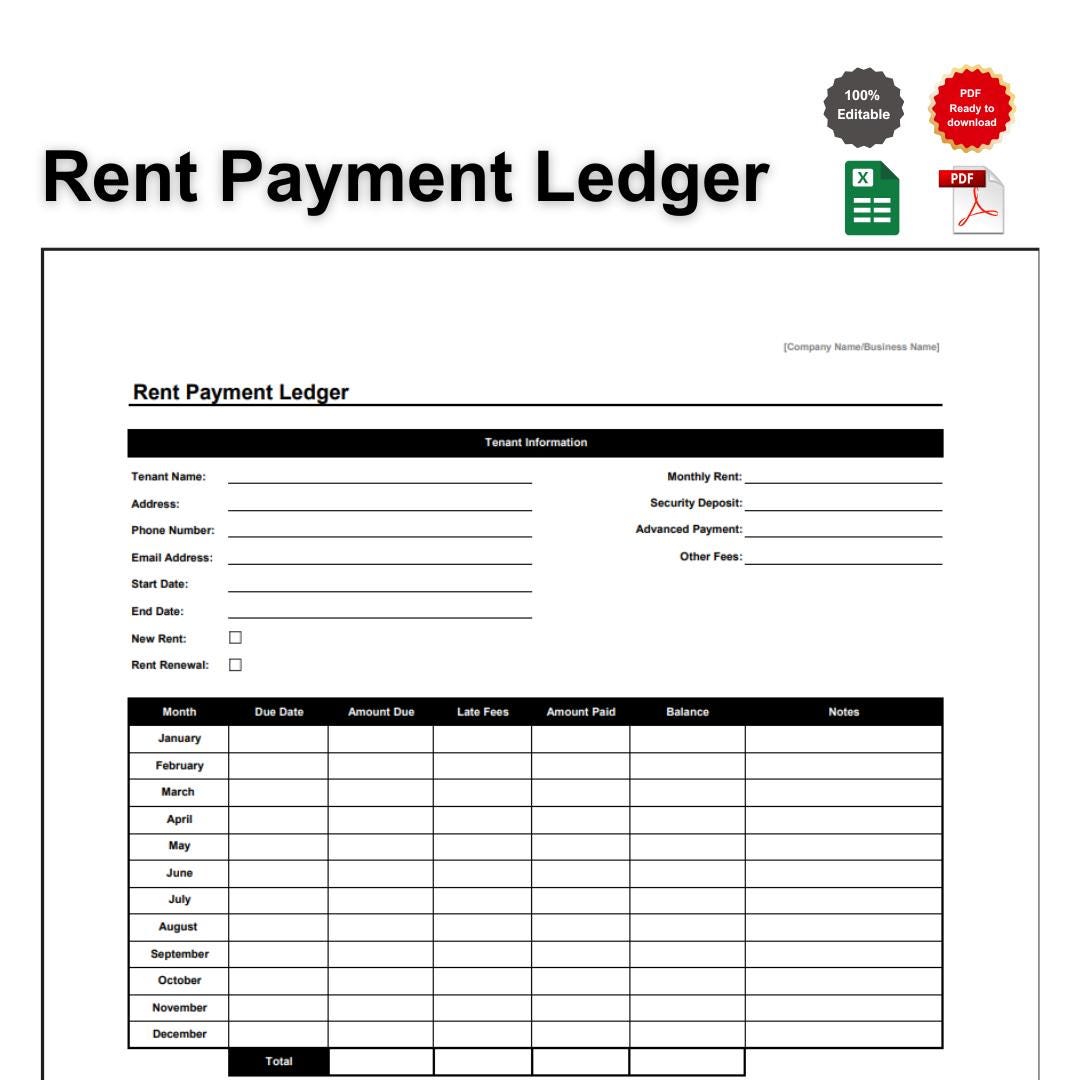 Rent Payment Ledger, Rent Ledger, Printable Rent Ledger A4 and Letter ...