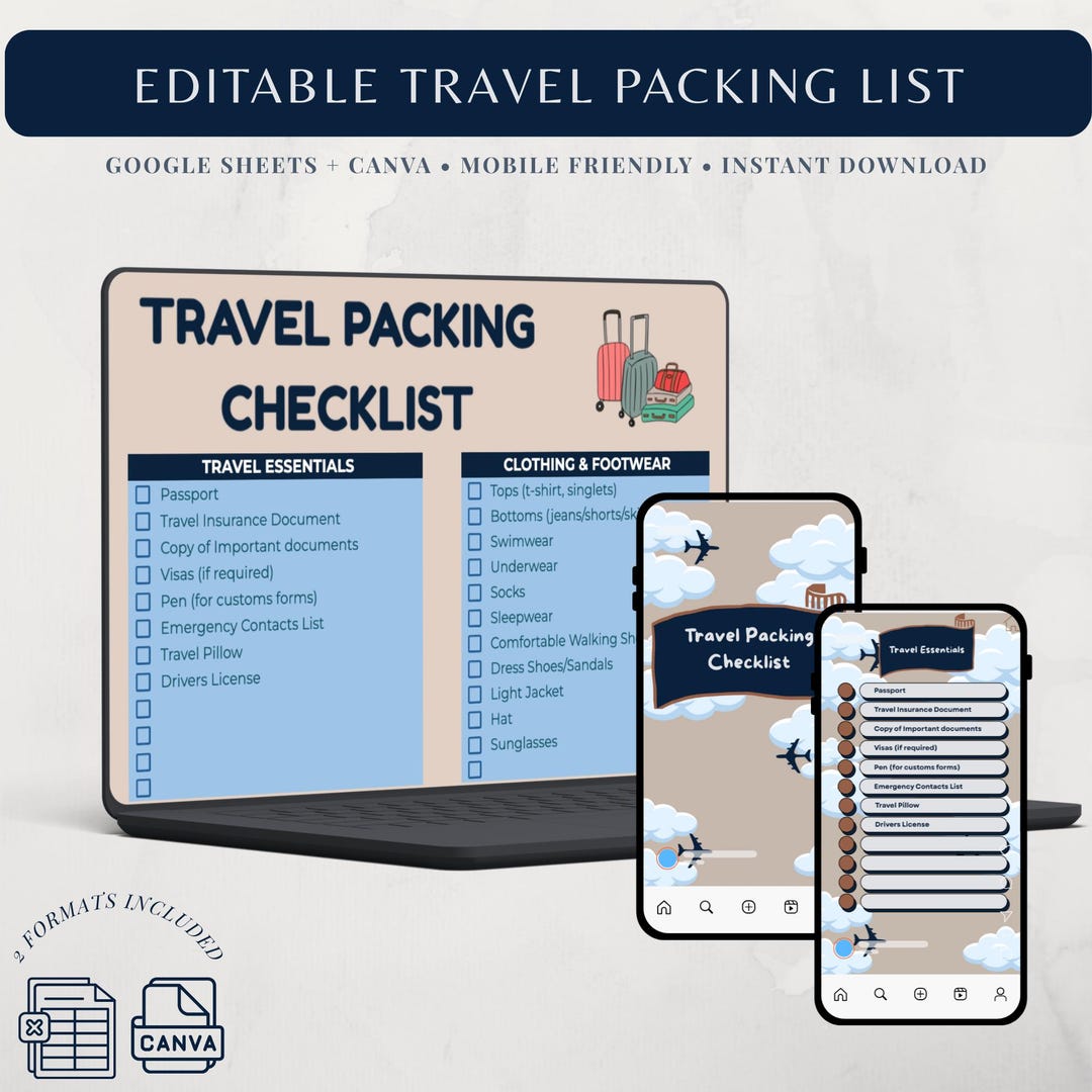 Editable Travel Packing List Template, Interactive Google Sheets ...