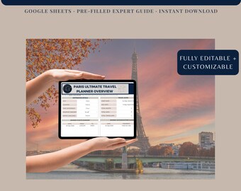 Itinerario romántico de 5 días por París, planificador de viajes para parejas editable en Google Sheets con mapas.