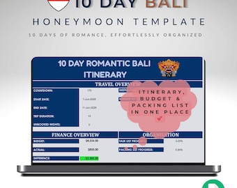 10 Day Bali Honeymoon Travel Planner with Custom Itinerary, Budget Tracker & Packing List