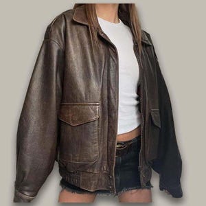 Oversized damesbomberjack van echt leer – vintage bruine pilotenjas – jaren 90 Y2K Moto Biker Grunge Streetwear-bovenkleding