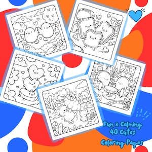 K&ouml;nnte beinhalten: Eine Sammlung von sechs quadratischen Malvorlagen mit schwarzen Strichzeichnungen von niedlichen Charakteren und Szenen. Die Seiten zeigen V&ouml;gel, Toast, Herzen und ein Kaninchen. Der Text "Fun & Calming 40 Cutes Coloring Pages" ist sichtbar. Der Hintergrund hat rote, blaue und orange Formen.