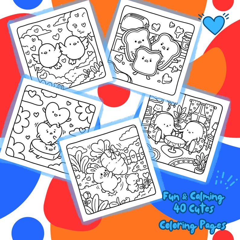 K&ouml;nnte beinhalten: Eine Sammlung von sechs quadratischen Malvorlagen mit schwarzen Strichzeichnungen von niedlichen Charakteren und Szenen. Die Seiten zeigen V&ouml;gel, Toast, Herzen und ein Kaninchen. Der Text "Fun & Calming 40 Cutes Coloring Pages" ist sichtbar. Der Hintergrund hat rote, blaue und orange Formen.