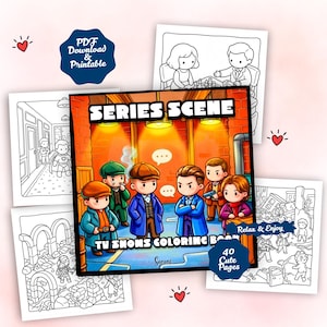 以下が含まれることがあります： テレビ番組のキャラクターの漫画イラストが描かれた「Series Scene」というタイトルの塗り絵。表紙には、ストリートシーンにいるキャラクターのグループが描かれています。この本には「TV Shows Coloring Book」と「40 Cute Pages」というテキストが含まれています。