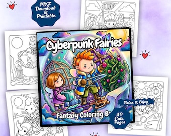 大人のための心地よい塗り絵 – サイバーパンク妖精ファンタジーシーン、かわいいイラスト、太線ページ、大きな文字、ストレス解消PDF