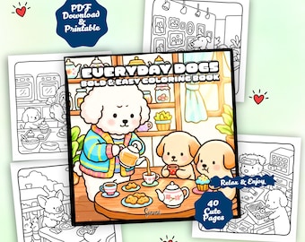 大人のための簡単塗り絵 – かわいい日常の犬、居心地の良い生活シーン、太線ページ、40種類のデザイン、大きな文字、ストレス解消PDF