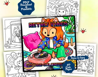 大人のための心地よい塗り絵 – ちびキャラ、レトロ＆ヴィンテージシーン、かわいい太線ページ、40種類のデザイン、大きな文字、リラックスできるストレス解消PDF