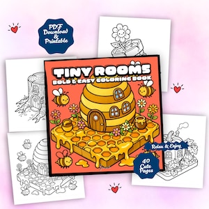 Może przedstawiać: Kolorowanka zatytułowana "Tiny Rooms" z ilustracją o tematyce pszczół na okładce. Okładka przedstawia żółto-brązowy domek ula z pszczołami, miodem i kwiatami. Wokół książki znajdują się czarno-białe kolorowanki o podobnej tematyce.