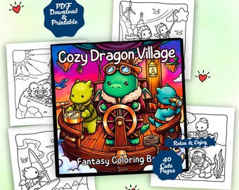 大人のための居心地の良いドラゴン村の塗り絵 – かわいいファンタジードラゴンの生活シーン、太線ページ、40種類のデザイン、大きな文字、ストレス解消PDF