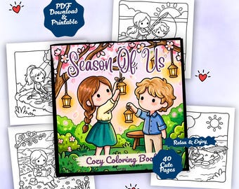大人のための塗り絵ブック「Seasons of Us」 – 四季を通して愛し合うキュートなカップル、居心地の良い春夏秋冬シーン、大胆で簡単なページ、PDF