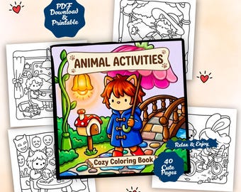 大人のための簡単な塗り絵 – かわいい動物の活動シーン、心地よい自然生活、太線ページ、大きな文字、リラックスできるストレス解消PDF