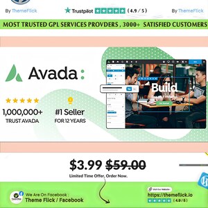 Puede incluir: Gráfico promocional para Avada, un creador de sitios web, con el logotipo de Avada, valoraciones por estrellas y el texto "Build Beautiful Websites". La imagen incluye el texto "1,000,000+ Trust Avada" y "#1 Seller for 12 Years."