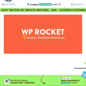 May include: An orange banner with the text "WP ROCKET" in white, with "Superior WordPress Performance" below. The image also includes the text "MOST TRUSTED GPL SERVICES PROVDERS, 3000+ SATISFIED CUSTOMERS" and a Trustpilot rating.