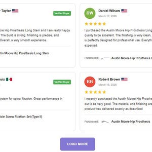 Può includere: Immagine di recensioni dei clienti per prodotti medici. Vengono visualizzate quattro testimonianze dei clienti, ciascuna con un nome, una data e una valutazione a cinque stelle. I prodotti menzionati includono Austin Moore Hip Prosthesis Long Stem e Pedicle Screw Fixation Set.