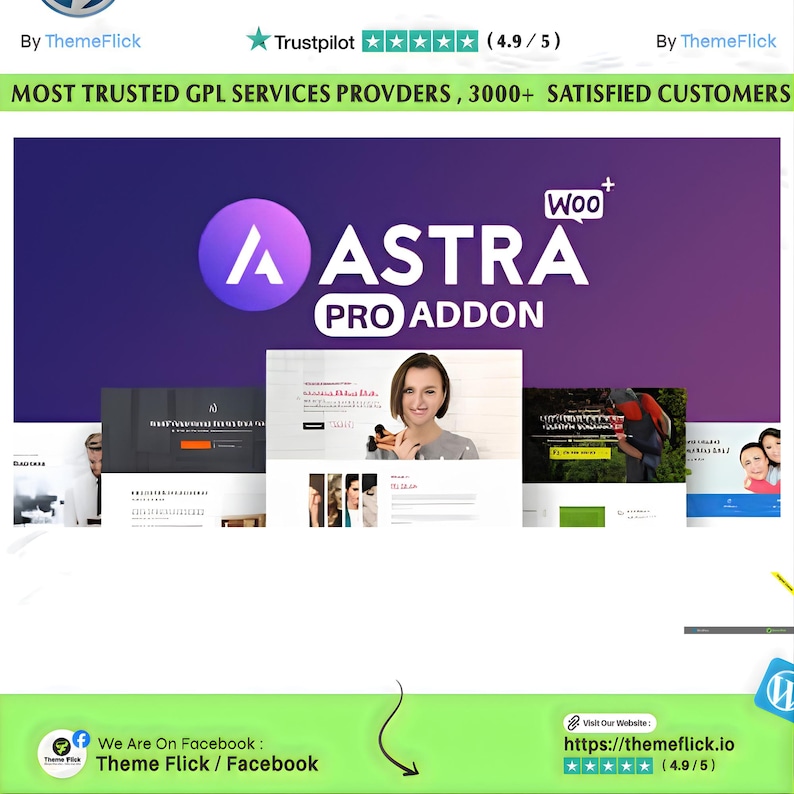 Może przedstawiać: Cyfrowa reklama Astra Pro Addon z fioletowo-białym logo. Tekst brzmi: &bdquo;NAJBARDZIEJ ZAUFANI DOSTAWCY USŁUG GPL, PONAD 3000 ZADOWOLONYCH KLIENT&Oacute;W&rdquo;. Reklama zawiera zrzuty ekranu witryn internetowych i linki do medi&oacute;w społecznościowych.
