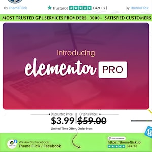 May include: A promotional graphic for Elementor Pro, featuring a laptop silhouette against a gradient background. The text "Introducing elementor PRO" is prominently displayed. The image also includes the text "MOST TRUSTED GPL SERVICES PROVDERS, 3000+ SATISFIED CUSTOMERS".