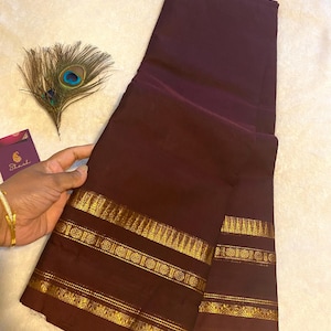 Chocolate Brown Pure Kanchi Cotton Saree with Gold Zari Border | Subtle Plum Tone | Festive & Everyday Wear | UK Seller