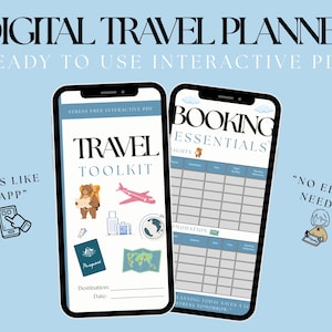 Puede incluir: Planificador de viajes digital que se muestra en dos teléfonos inteligentes. Una pantalla muestra un kit de herramientas de viaje con ilustraciones de un oso, un avión y equipaje. La otra pantalla muestra lo esencial de la reserva.