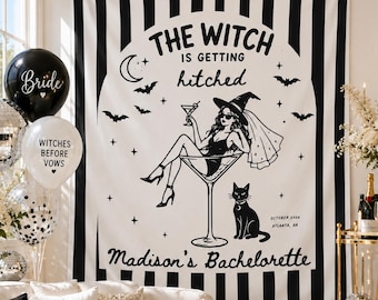 Witch Bachelorette Banner The Witch Is Getting Hitched Backdrop Halloween Bachelorette Party Decor Custom Spooky Bride Witchy Bach Sign