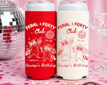 Feral & Forty 40th Birthday Can Coolers, Personalized Raccoon Party Favors, Funny Birthday Cozies, Cowboy Beer Can Cooler Milestone Birthday