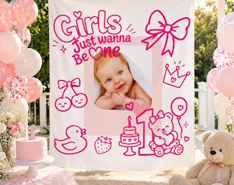 Personalized Baby Birthday Banner Girls First Birthday Party Sign Girls Just Wanna Be One Tapestry Pink First Birthday Decorations One Party