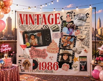 Vintage Birthday Banner Matchbook Aesthetic Photo Backdrop 30 40th Birthday Custom Tapestry Personalized Retro Collage Disco Birthday Decor