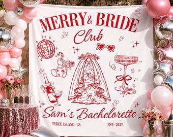 Christmas Bachelorette Banner Personalized Holiday Bach Party Decor Merry Bride Club Backdrop Custom Jingle Bach Club Bridal Shower Tepestry
