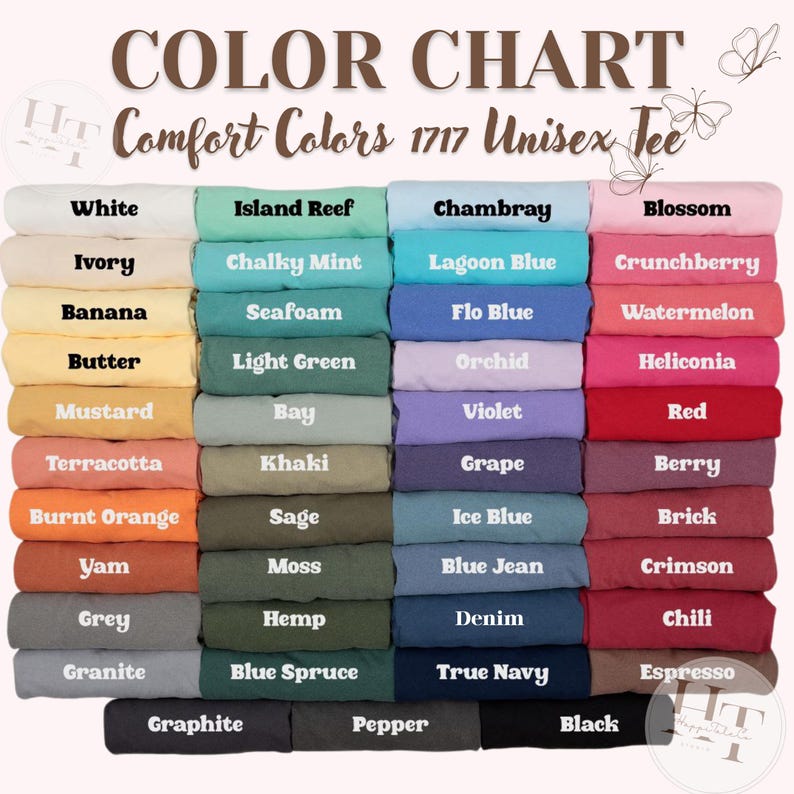 May include: A color chart for Comfort Colors 1717 unisex t-shirts, displaying forty-eight folded fabric swatches in various shades. Each swatch is labeled with its corresponding color name, including white, ivory, banana, butter, mustard, terracotta, burnt orange, yam, grey, granite, graphite, island reef, chalky mint, seafoam, light green, bay, khaki, sage, moss, hemp, blue spruce, pepper, chambray, lagoon blue, flo blue, orchid, violet, grape, ice blue, blue jean, denim, true navy, blossom, crunchberry, watermelon, heliconia, red, berry, brick, crimson, chili, espresso, and black.