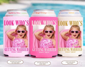 Look Who's Getting Married Custom Photo Can Cooler, Personalized Bridal Shower Party Cozies Bachelorette Funny Bride Groom Wedding Favors