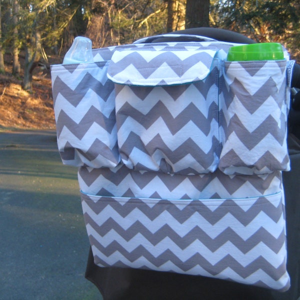 Ultimate Stroller Organizer - Grey and White Chevron with Turquoise Interior - Choose from Many Fabrics