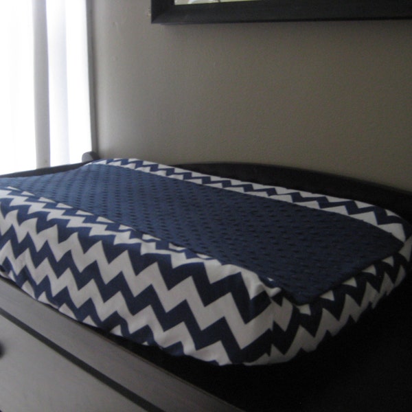 Changing Pad Cover with Minky Center - Navy Chevron with Navy Minky