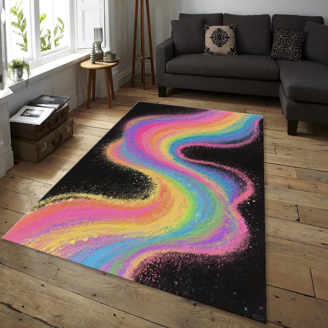 Vibrant Rainbow Rug, Colorful Sand Wave Art | Abstract Neon Color Rug ...