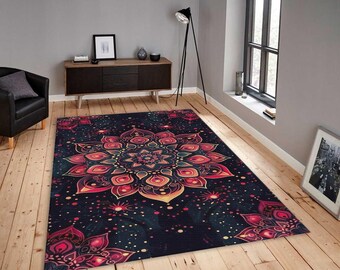 Red Gold Mandala Area Rug, Spiritual Zen Decor, Non-Slip