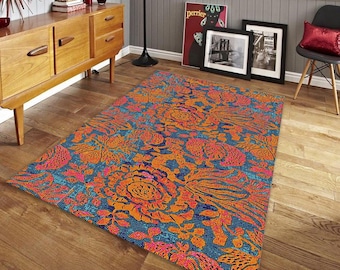 Vintage Floral Rug, Orange and Teal Decor | Maximalist Living Room Carpet | Botanical Pattern Area Rug, Non-Slip Floor Mat