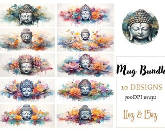 Buddha Mug Wrap Sublimation Designs: Watercolor Style (Instant Download with Mockups)