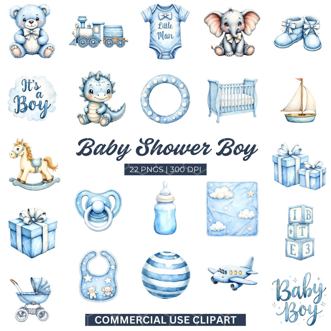 Blue Baby Shower Clipart Bundle: Watercolor Teddy Bear PNG (digital ...