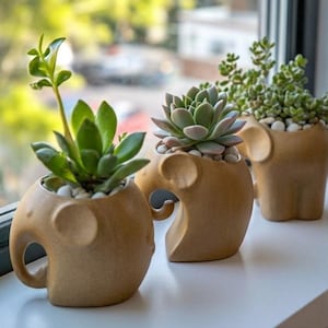 Może przedstawiać: Trzy beżowe doniczki w kształcie słoni z zielonymi sukulentami i małymi białymi kamieniami. Doniczki ustawione są na białym parapecie, z rozmytym tłem zewnętrznym widocznym przez okno.