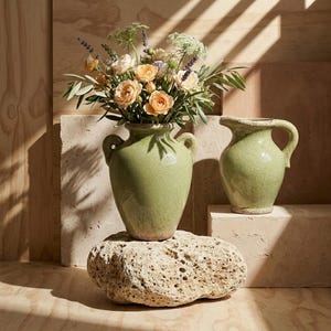 Puede incluir: Un jarrón de cerámica verde con dos asas, lleno de un ramo de rosas melocotón y blancas, lavanda y vegetación. Una jarra más pequeña a juego está al lado. El jarrón descansa sobre una piedra texturizada.
