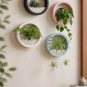 May include: Four circular wall-mounted planters in black, pink, white, and light blue. Each frame holds a glass container filled with white pebbles and a different green plant, including a succulent, a fern, and trailing foliage.