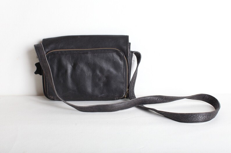 Vintage Black Leather Shoulder Bag, Crossbody Purse image 2