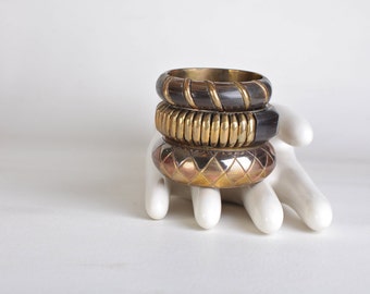 Set of three brass bangle bracelets, chunky metal bracelets